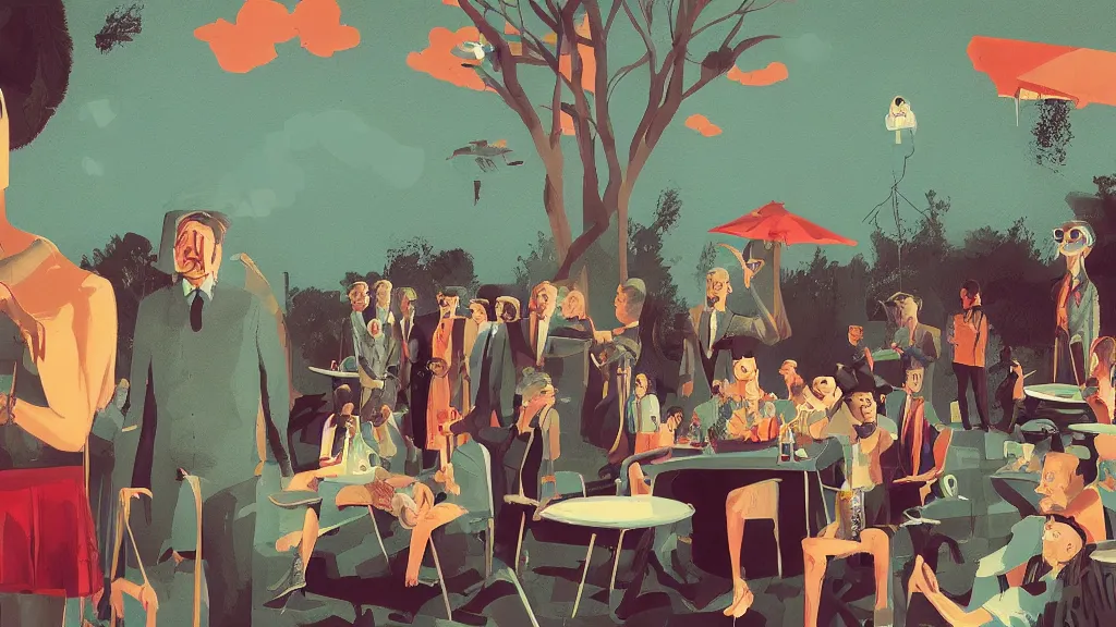 Prompt: An outdoor party, in the style of David Lynch, by Wes Anderson, concept art, artstation