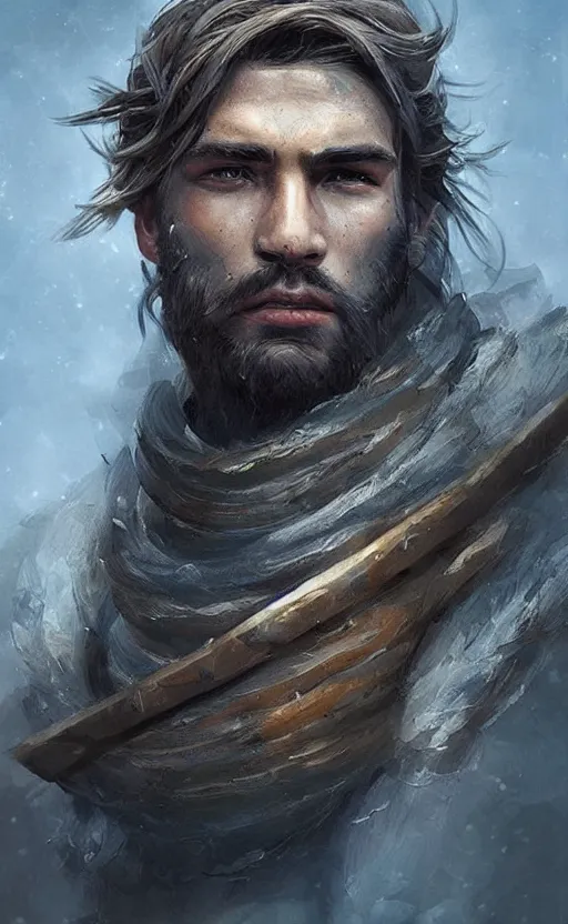 Prompt: Portrait of a rugged ranger, male, muscular, straight nose!!!, detailed face, handsome, simple clothing!!!!!, fantasy, medieval, highly detailed, cinematic lighting, digital art painting by jia ruan