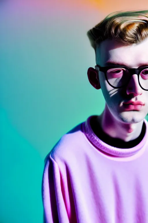 Prompt: high quality pastel coloured film mid angle portrait photograph of a beautiful young 2 0 year old male, soft features, short hair, rubber glasses and oversized inflated clothing!!!! icelandic black! rock pool environment. atmospheric three point light. photographic. art directed. ( pastel colours ). volumetric. clearcoat. waves. 8 k. filmic.