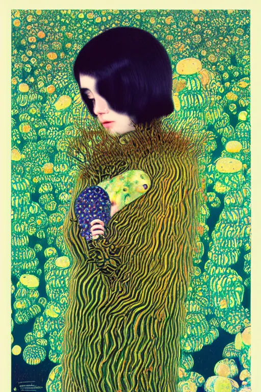 Image similar to creature animal sushi cristal very big eye roots cactus elemental flush of force nature micro world fluo fishscale, illustration, art by ilya kuvshinov and gustav klimt