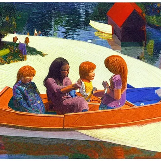 Prompt: The land art depicts a group of well-dressed women and children enjoying a leisurely boat ride on a calm day. The women are chatting and laughing while the children play with a toy boat in the foreground. alternate dimensions by Tibor Nagy, by Ken Kelly angular, doom