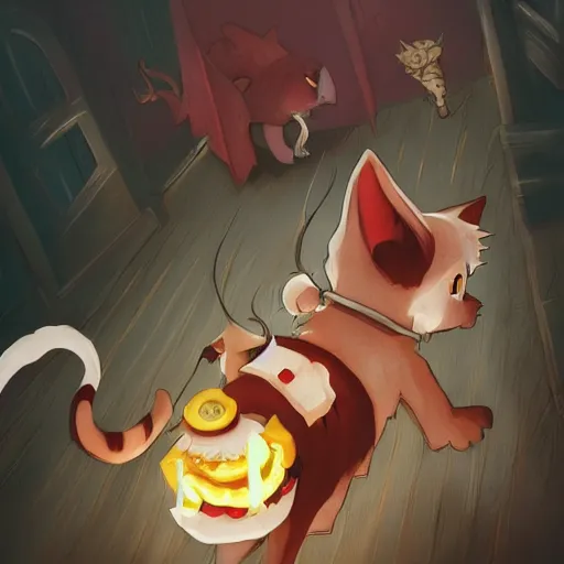 Image similar to a scared cat cowardly running away from the giant carnivorous sandwich, artstation hq, dark phantasy, stylized, symmetry, modeled lighting, detailed, expressive, true unsimulated emotions, created by hayao miyazaki