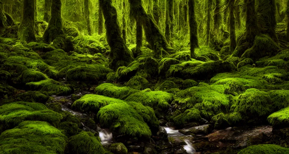 Prompt: deep inside the forest, stream, dramatic lighting, moss, ferns, epic, award winning photo by ansel adams, masterpiece, artstation