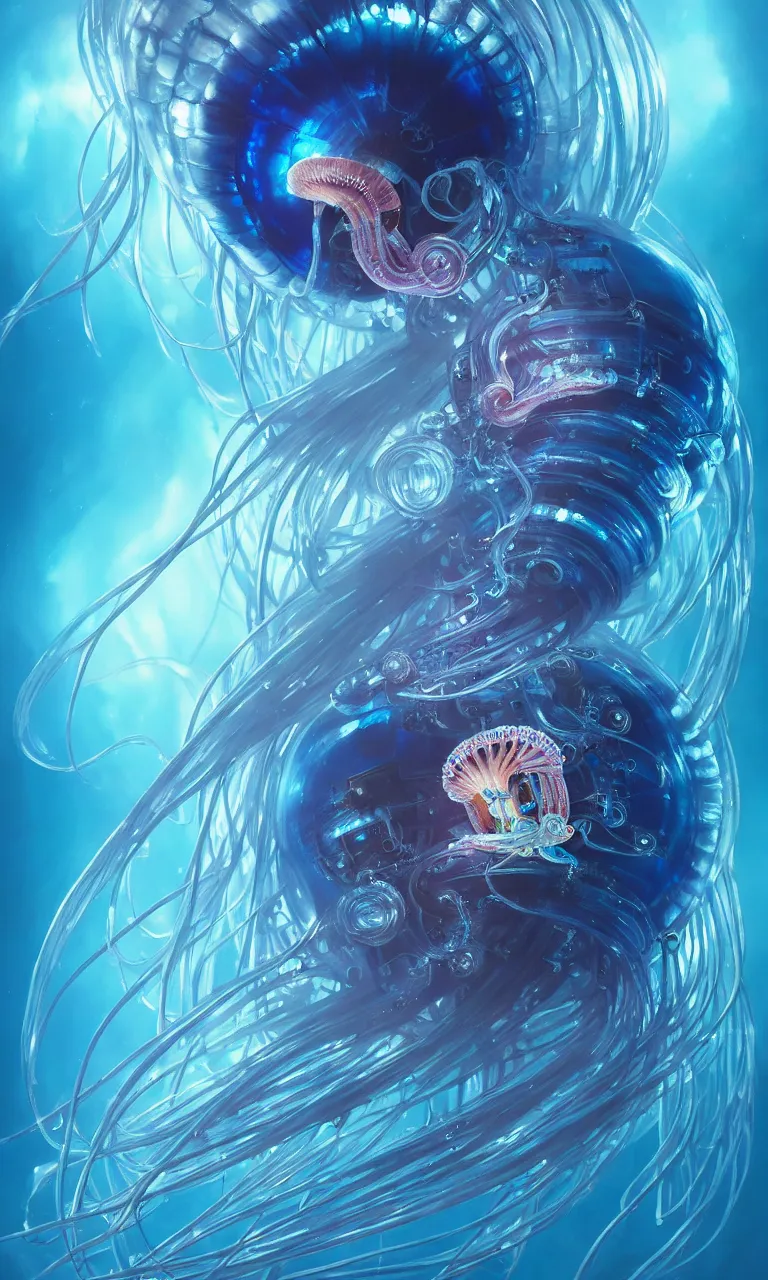 Image similar to hyper detailed painting of a cyberpunk jellyfish, blue tones, underwater, 8 mm, highly detailed, digital painting, artstation, concept art, smooth, sharp focus, illustration, art by artgerm and greg rutkowski and alphonse mucha