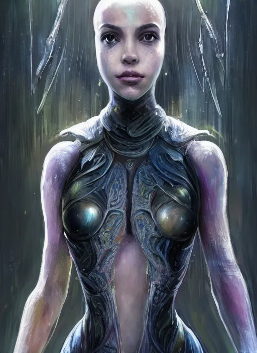 Image similar to a professional painting of a beautiful young female alien, clothed in ethereal armor, olive skin, long dark hair, beautiful bone structure, symmetrical facial features, intricate, elegant, digital painting, concept art, smooth, sharp focus, illustration, from Valerian and the City of a Thousand Planets, by Ruan Jia and Mandy Jurgens and Artgerm and William-Adolphe Bouguerea