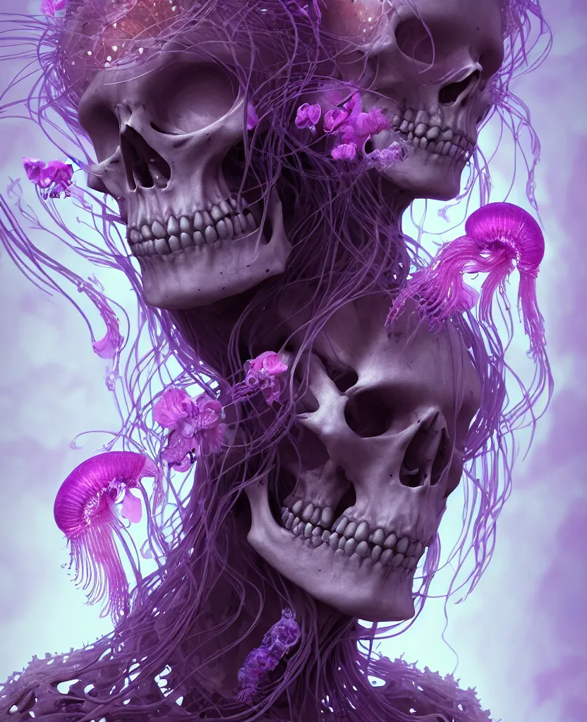 Image similar to goddess close - up portrait human skeleton, ram skull, jellyfish, orchid, betta fish, bioluminiscent, intricate artwork by tooth wu and wlop and beeple. octane render, trending on artstation, greg rutkowski very coherent symmetrical artwork. cinematic, hyper realism, high detail, octane render, 8 k