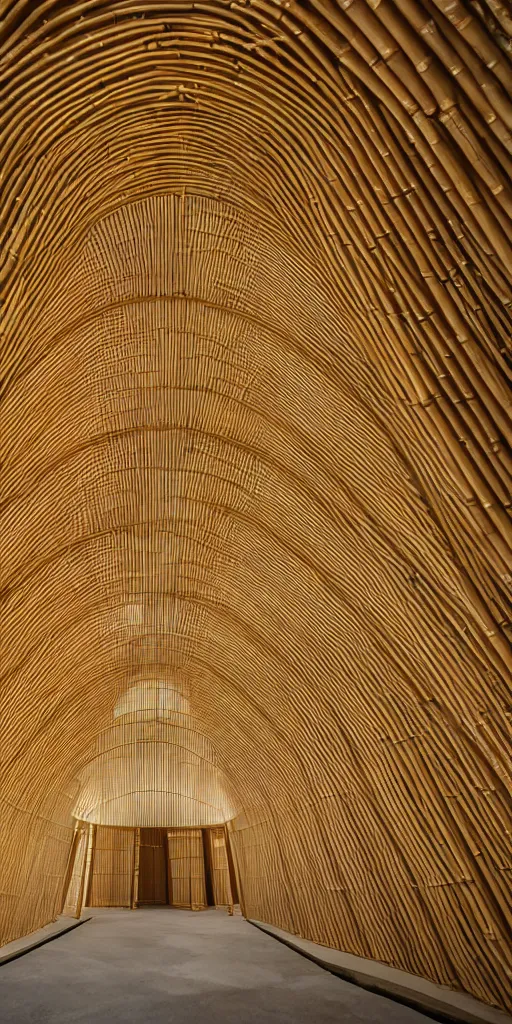 Prompt: inside small pavilion made of bamboo. complex curved vaulting structure. a large crowd at a party. minimalist architecture, architectural photography., 4 k, 8 k. volumetric lighting.