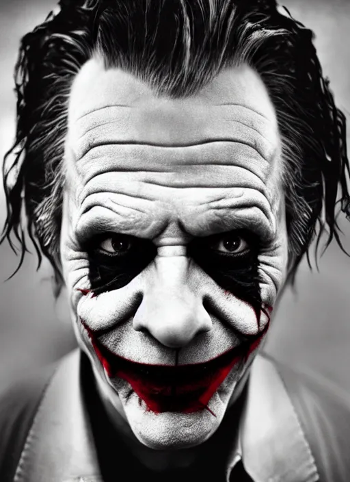 Prompt: photo of Gary Oldman as the Joker by Lee Jeffries, head shot, detailed, award winning, Sony a7R