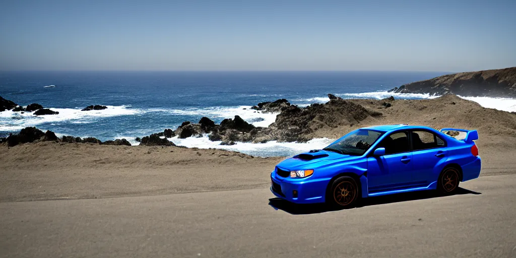 Image similar to photograph, 2007!! Subaru WRX STi, cinematic, california coast, ocean view, 8k, depth of field, bokeh.