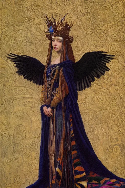 Image similar to portrait of the queen of crows, by Donato Giancola and John Bauer and John William Godward and Vermeer, embroidered velvet, iridescent beetles, rich color, ornate headdress, flowing robes, lost runes, ancient civilizations,featured on Artstation, cgisociety, unreal engine, extremely detailed