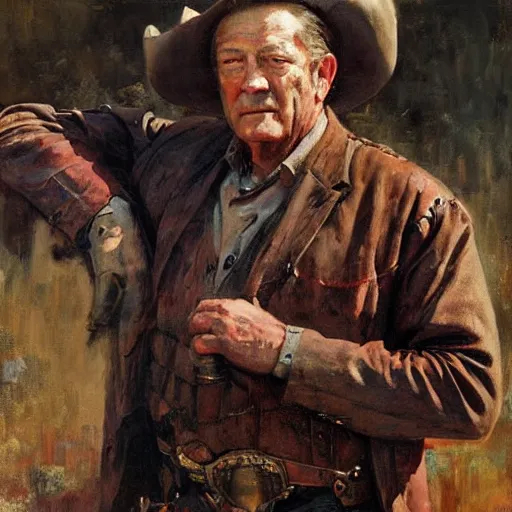 Prompt: Solomon Joseph Solomon and Richard Schmid and Jeremy Lipking victorian genre painting portrait painting of John Wayne a old rugged cowboys gunfighter old west character in fantasy costume, red background