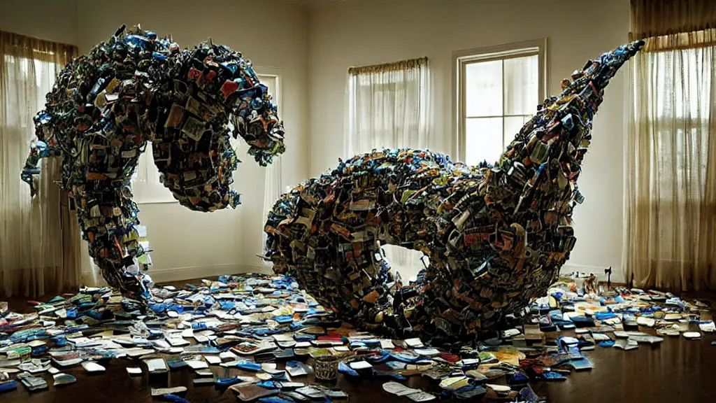 Image similar to the strange creature float through the house, made of magazines and water, film still from the movie directed by Denis Villeneuve with art direction by Salvador Dalí, wide lens