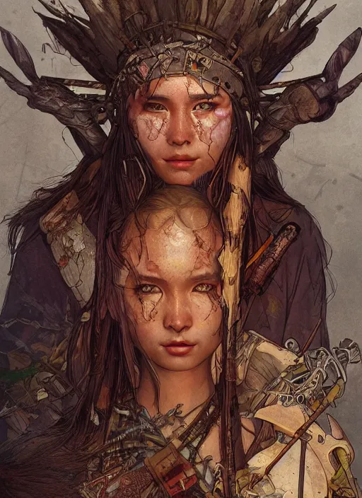 Image similar to hyper realistic photography portrait of postapocalyptic medieval religious occult asian tribal amazon cinematic, brom, mucha, moebius juan gimenez artstation, cgsociety