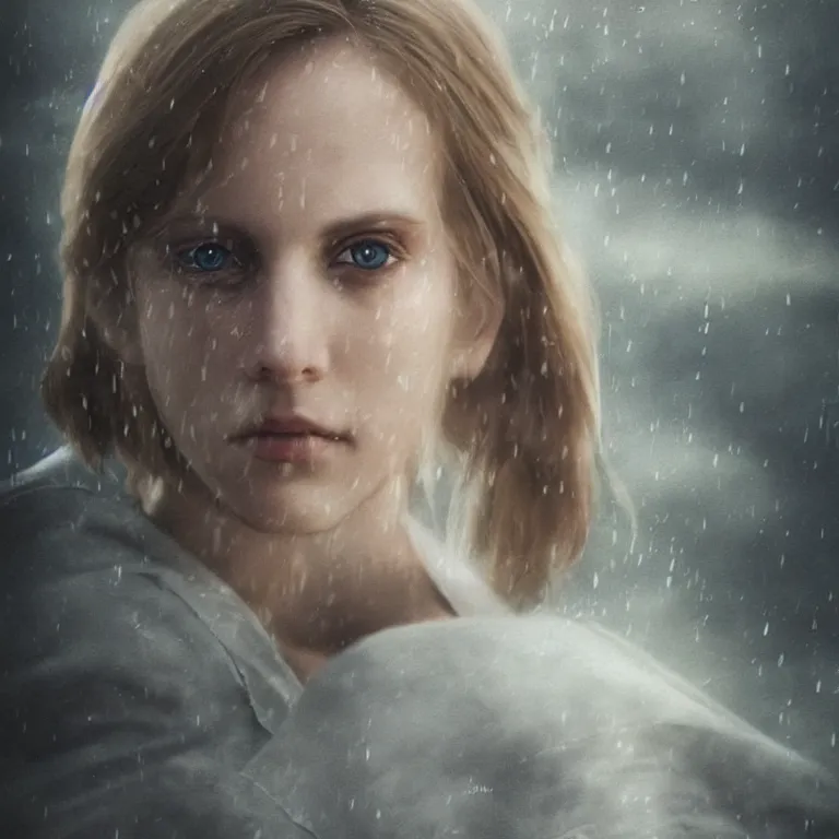 Image similar to cute annie leonhart holding taking a photo of luke skywalker wallpaper, beautiful face, pale skin, rule of thirds, cinematic lighting, rainy weather, melancholy atmosphere, volumetric light, realistic reflections, sharp focus, backlit, model agency, instagram photo, shot on iphone 1 3 pro max, hyper realistic,