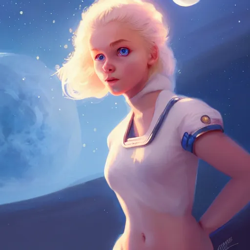 Prompt: Incredibly cute nordic girl on the Moon, blonde hair, blue eyes by Nuri iyem, James gurney, James Jean, Greg Rutkowski, highly detailed, trending on artstation, artstationHD, artstationHQ, 4k, 8k