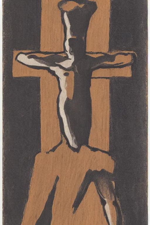 Image similar to man kneeling on the ground in front of a wooden cross, 1960’s minimalist advertising illustration, painterly, expressive brush strokes