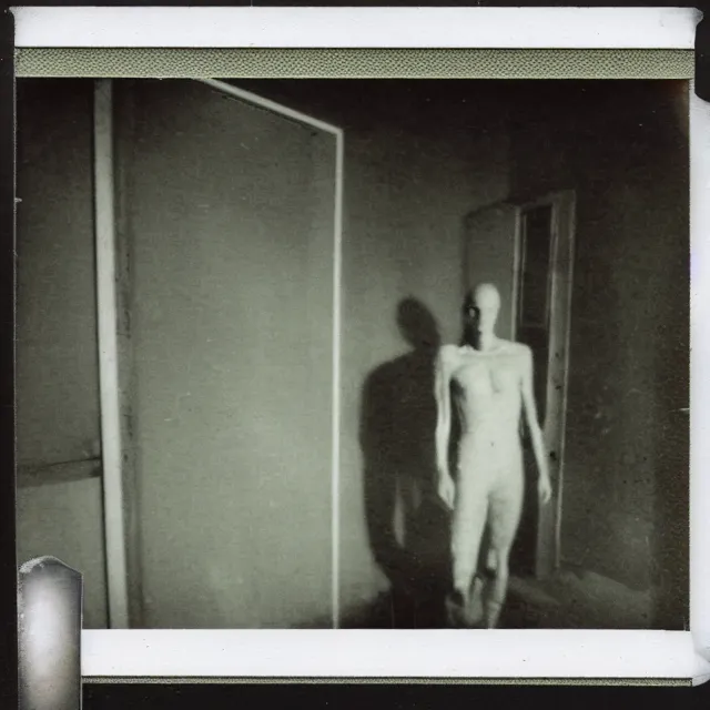 Image similar to found polaroid photo, flash, interior abandoned hospital, mutant creature standing