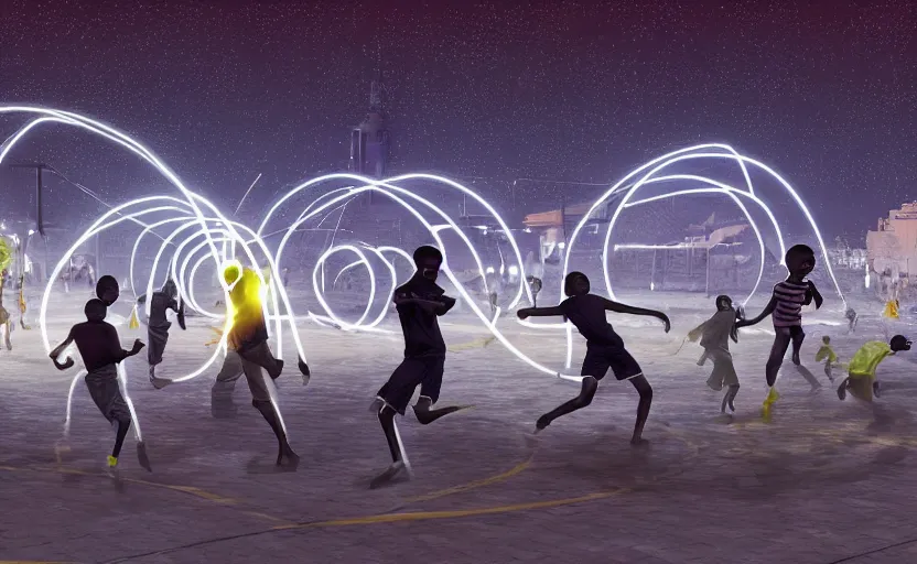 Image similar to young boys from africa playing football and a spiral - shaped white luminous attractor is floating on the horizon in soviet city, concept art, art for the game, professional lighting