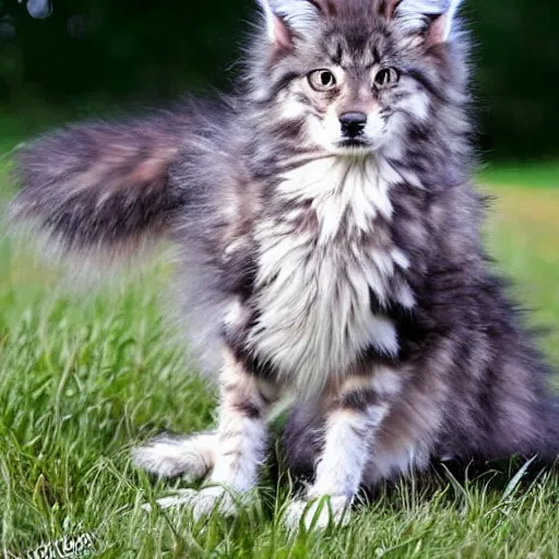 Image similar to a very cute maine coon coyote wolf kitten hybrid with long fluffy tail