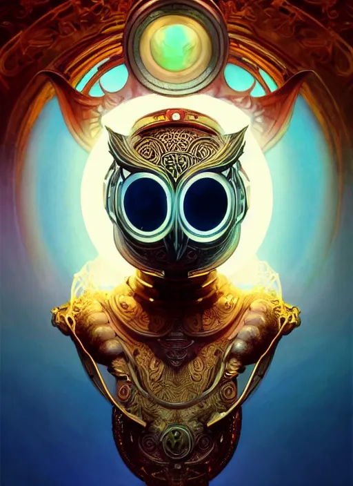 Image similar to the pale blond sun god apollo smirking, owl helmet, full body shot, steampunk, glowing eyes, volumetric lights, red and cyan theme, art nouveau botanicals, intricate, highly detailed, digital painting, artstation, concept art, smooth, sharp focus, cinematic, illustration, beautiful face, art by artgerm and greg rutkowski and alphonse mucha