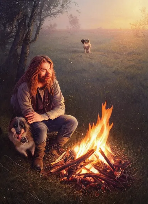 Prompt: highly detailed portrait of long - haired hillbilly around a bonfire with his fluffy australian shepherd, blonde hair, stephen bliss, art by greg rutkowski, loish, rhads, ferdinand knab, makoto shinkai and lois van baarle, artgerm, pixar, ilya kuvshinov, rossdraws, tom bagshaw, global illumination