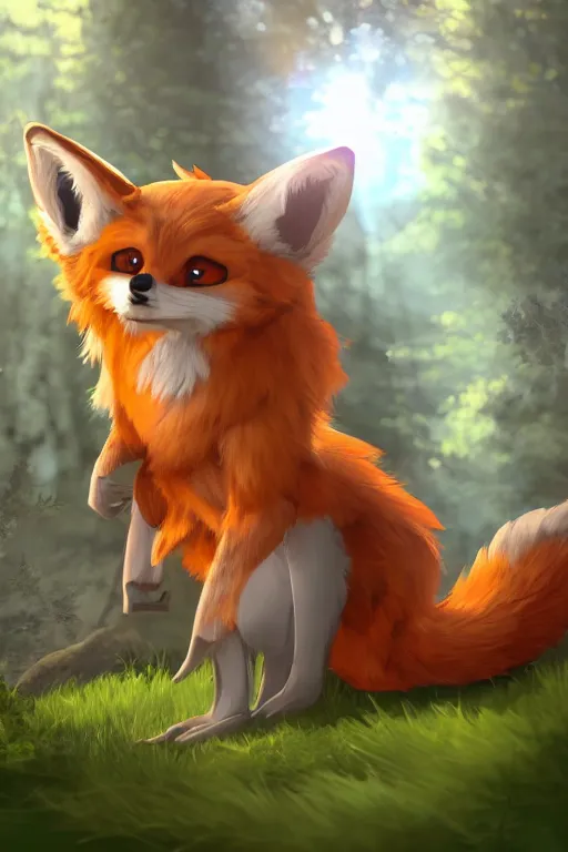 Image similar to a medieval fox furry fursona with a fluffy tail in a forest, backlighting, cgi, rendered in unreal engine, trending on artstation, cartoon