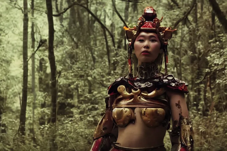 Image similar to vfx movie scene closeup nomad cyborg warrior viking geisha in a smoldering forest. by emmanuel lubezki