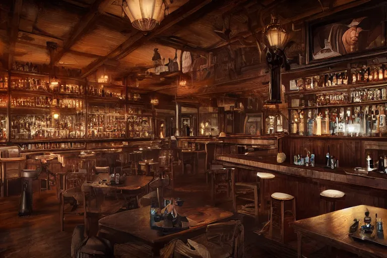 Image similar to interior of a 1 9 th century western american tavern, the bar, cimenatic, dramatic lighting, cool, ultra - wide view, westworld style, by gabriel yeganyan, peter mohrbacher and ghibli