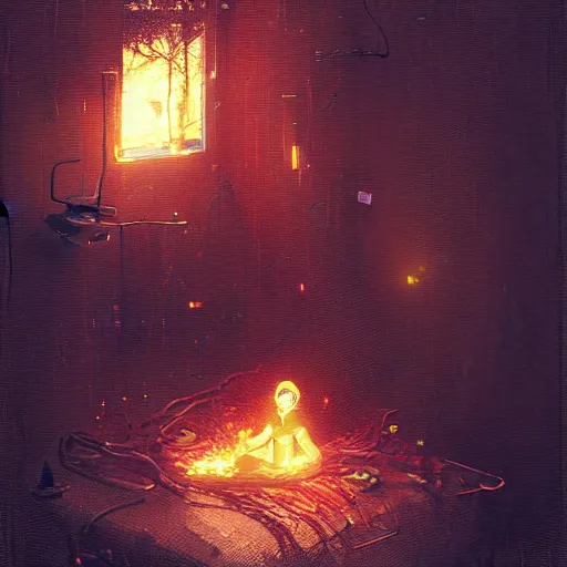 Image similar to she is watching how her digital past is burning with glitched flames made of bits, by greg rutkowski and esao andrews