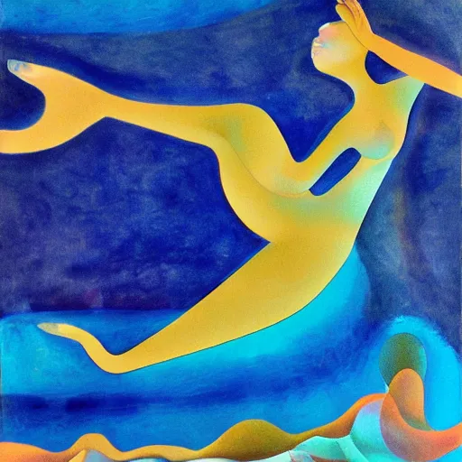 Prompt: woman dances and swims and the rhythm of the water resonates, abstract art in the style of cubism and Georgia o keefe,