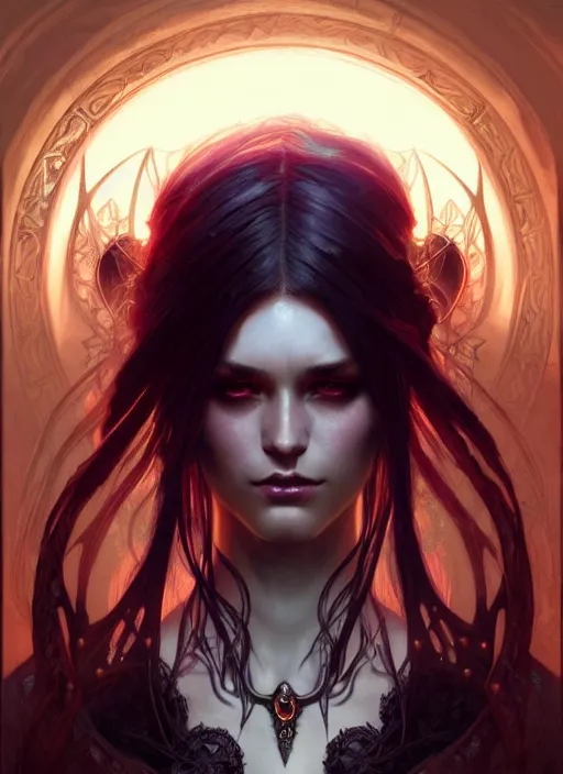 Image similar to Necromancer Sorceress, fantasy magic, undercut hairstyle, dark light night, intricate, elegant, sharp focus, illustration, highly detailed, digital painting, concept art, matte, art by WLOP and Artgerm and Greg Rutkowski and Alphonse Mucha, masterpiece