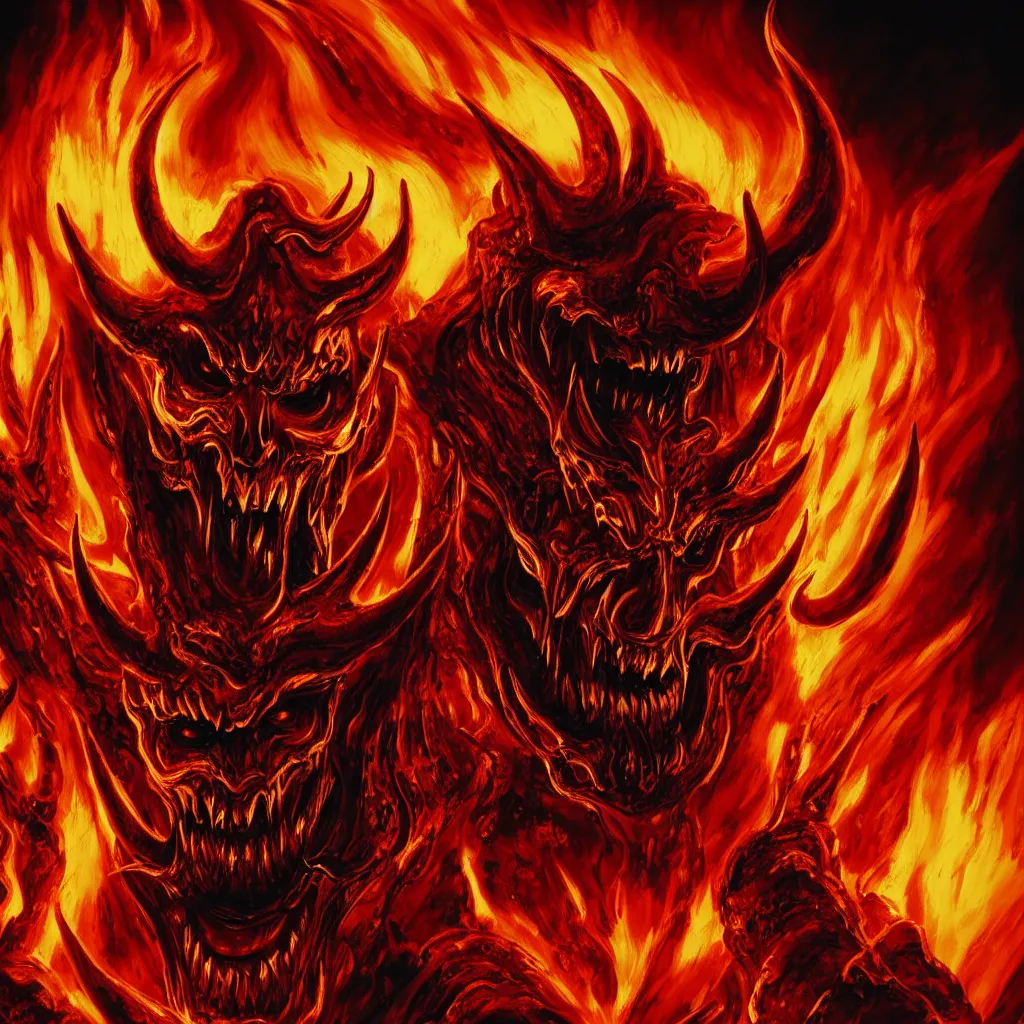 Prompt: close-up macro portrait of the face of the devil engulfed in hell's fury, epic angle and pose, ornate, symmetrical artwork, 3d with depth of field, blurred background, shadow figures with skulls in the background, translucent, nautilus, energy flows of and fire evil energy. a highly detailed epic cinematic concept art CG render. made in Maya, Blender and Photoshop, octane render, excellent composition, cinematic dystopian brutalist atmosphere, dynamic dramatic cinematic lighting, aesthetic, very inspirational, arthouse. y Greg Rutkowski, Ilya Kuvshinov, WLOP, Stanley Artgerm Lau, Ruan Jia and Fenghua Zhong