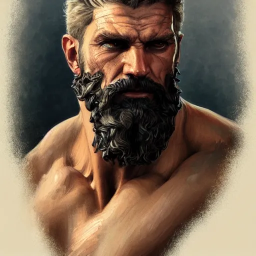 Image similar to portrait of rugged zeus, greek god d & d, muscular, fantasy, intricate, elegant, highly detailed, digital painting, artstation, concept art, smooth, sharp focus, illustration, art by artgerm and greg rutkowski and alphonse mucha