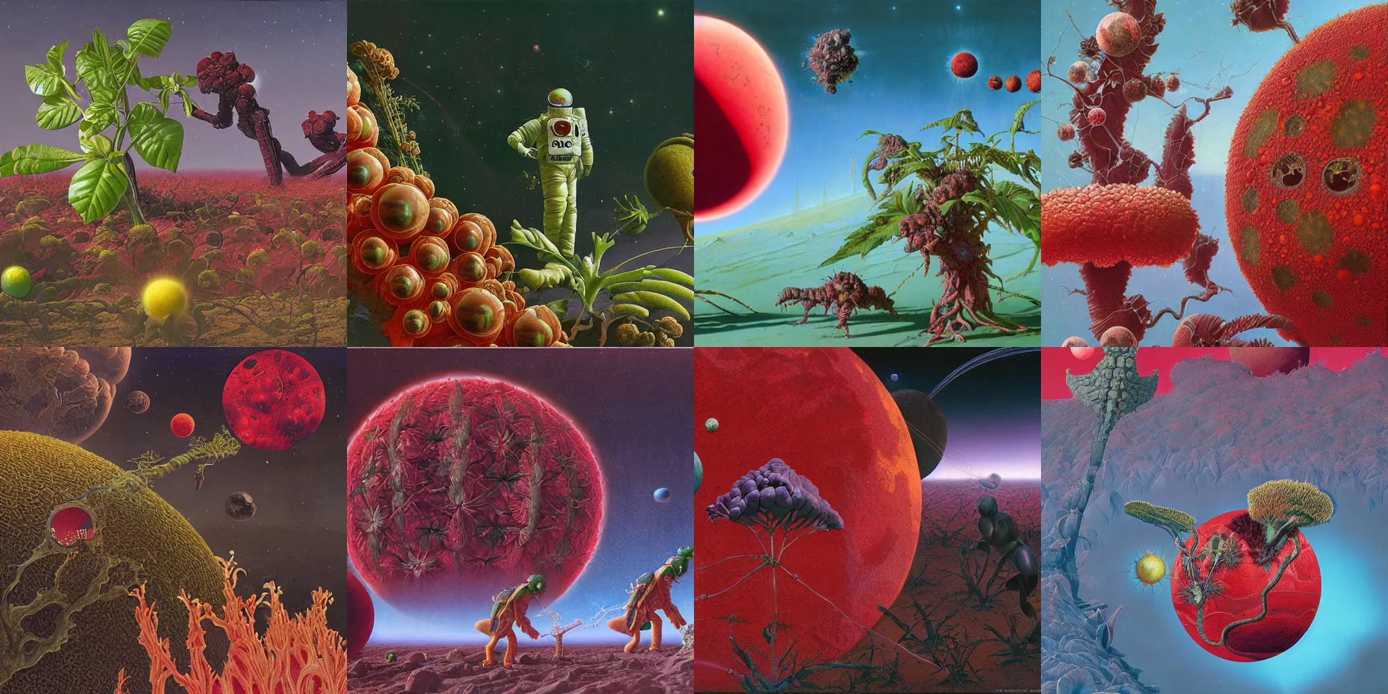 Prompt: astronauts examining plants with overlapping fruits on red exoplanet surface, wayne barlowe gurney rutkowski