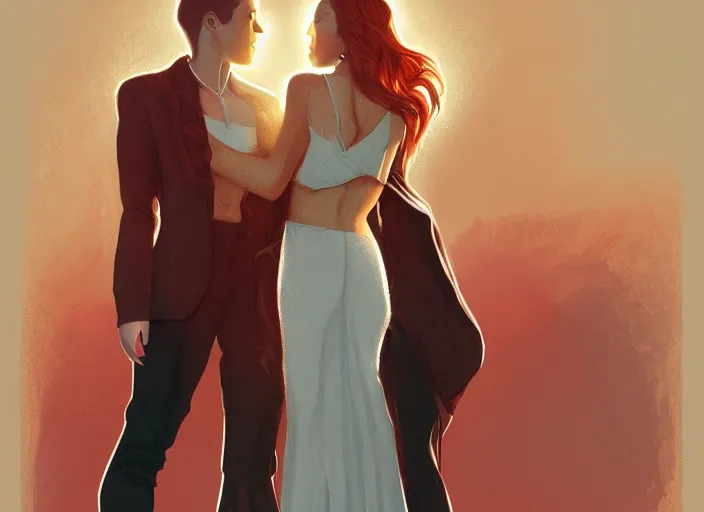 Image similar to couple, man and woman in pose of couple vol 2 photo reference pack for artists, spirit hugs, gold trim, atmoshperic, elegant, sharp focus, red sun, huge lips, poses by satine zillah, environment by hw 6 5 2 3, art by ilya ozornin, artstation, intricate details, concept art
