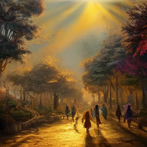 Image similar to a fantasy landscape with strange creatures walking the forest and fun buildings and streets, intricate street lamps and morning sunshine, realistic, painting, great lighting, golden hour, golden rule