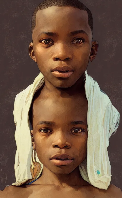 Image similar to colourful upper half portrait of an african boy, art by hsiao - ron cheng & alphonse mucha, highly detailed, digital painting, concept art, illustration, smooth sharp focus, intricate, symmetry, black backdrop, artstation,