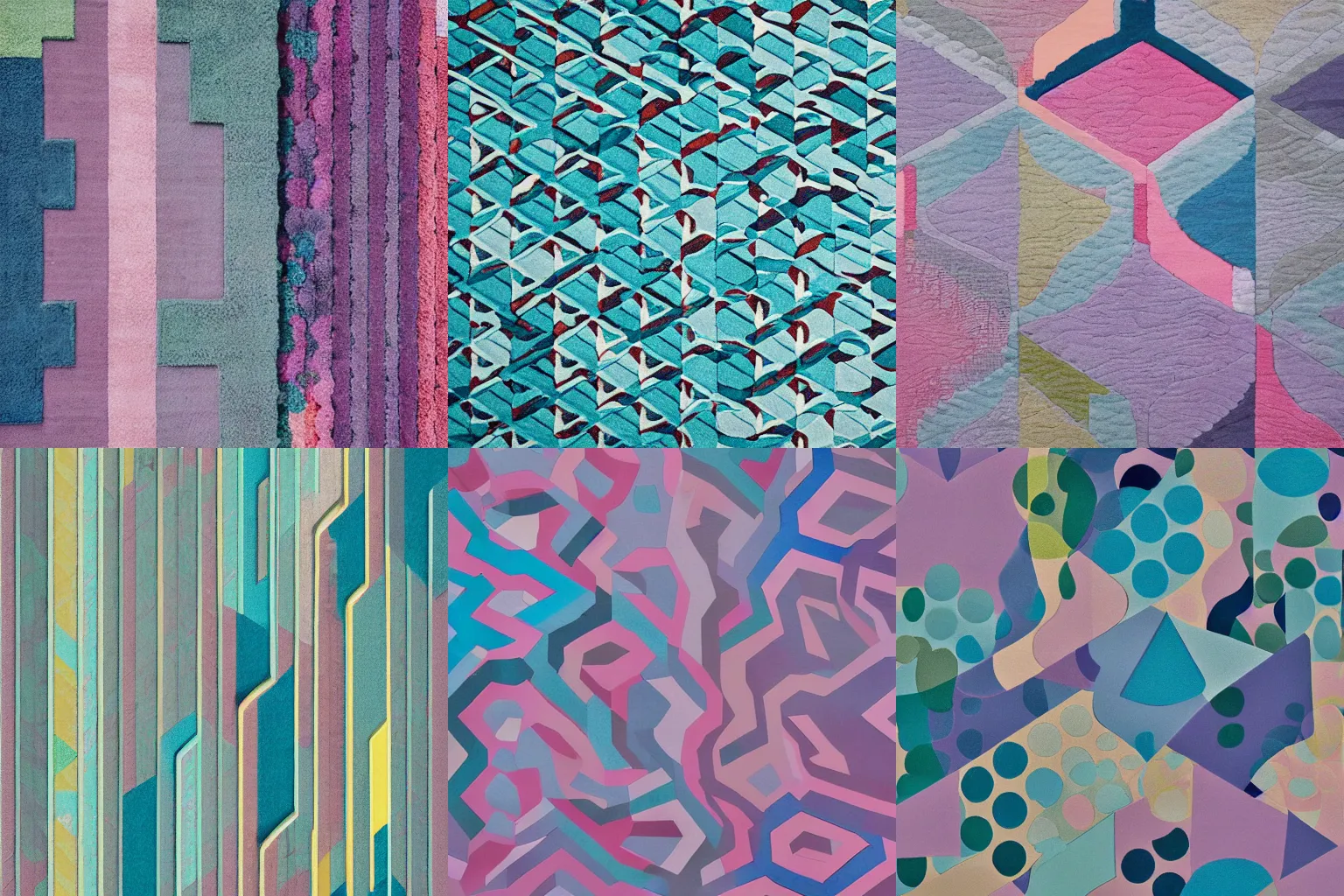 Prompt: A contemporary carpet of abstract shapes in pastel colors seen from above design