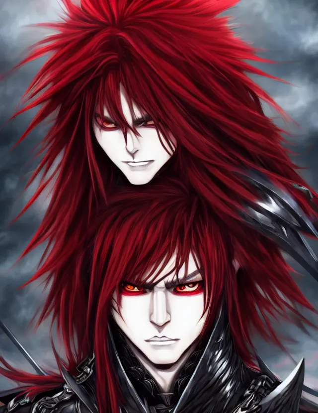 Image similar to a detailed manga portrait of a handsome vampire boy with long crimson hair in dark black spiked armour, trending on artstation, digital art, 4 k resolution, detailed, high quality, sharp focus, hq artwork, coherent, insane detail, character portrait