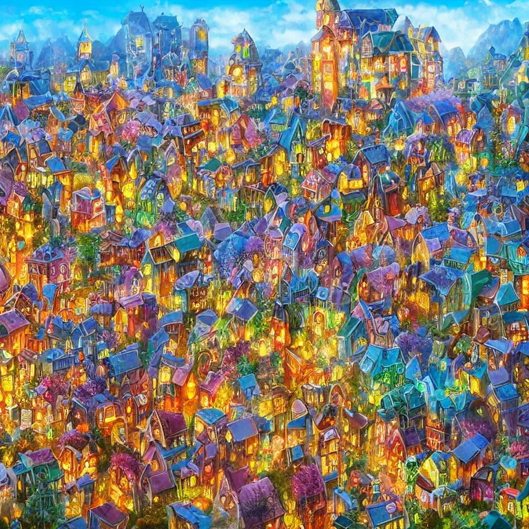 Prompt: a magnificent village made of glass, a joyful bright bright city, future art, fantasy art