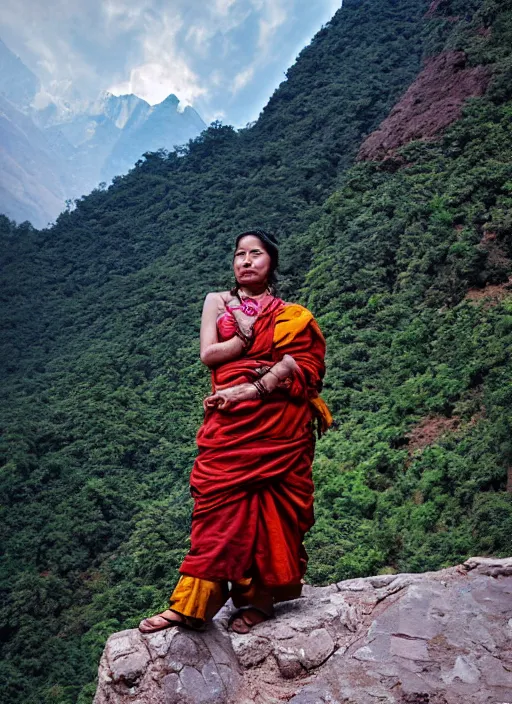 Prompt: vintage_portrait_photo_of_a_beautiful_beautifully_lit_nepalese_Victorian_woman_in_a_lush_valley_with_a_tibetan_monastery_on_a_rock_in_the_background