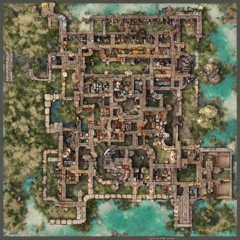 Prompt: full - color fantasy floor plan of a bustling merchant village with a bridge over a river to the north, d & d, pathfinder, by jeff todd and greg rutkowski, trending on artstation, pinterest