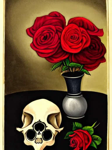 Image similar to still life of a skull, roses and a tarantula