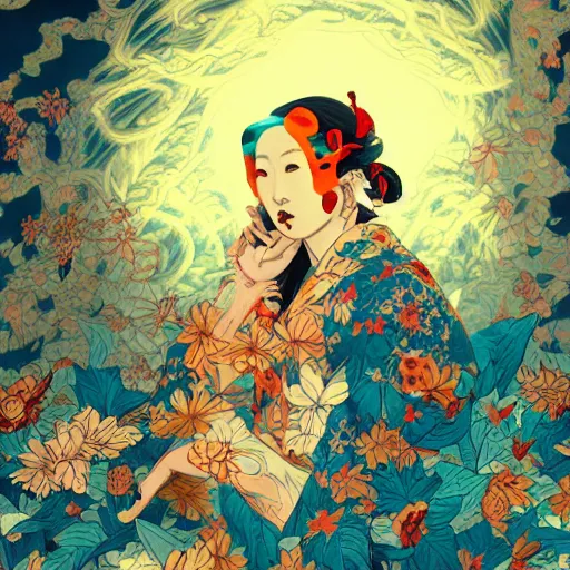 Image similar to james jean style, utagawa kunisada style, vfx art, unreal engine render, claymation style, colourful, volumetric light, digital painting, digital illustration, dramatic light,