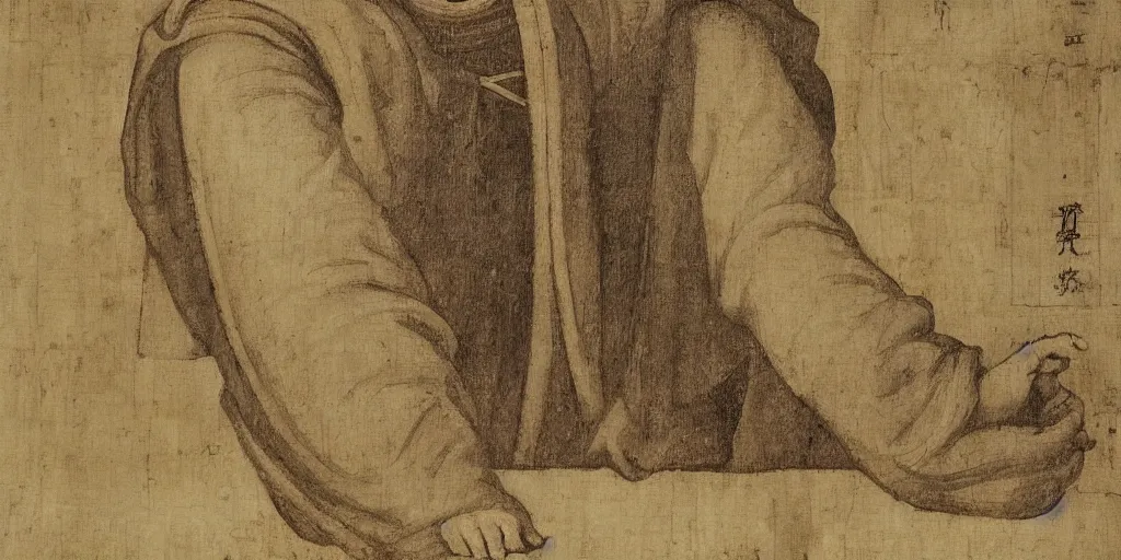 Prompt: Raphael painting of a medieval friar Jesuit at library drawing on Chinese scrolls, 17th century European fine art, masterpiece, oil on canvas, by Raphael, detailed, 4k resolution, realistic