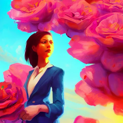 Image similar to closeup, big rose flower head, frontal, girl in a suit, surreal photography, sunrise, blue sky, dramatic light, impressionist painting, digital painting, artstation, simon stalenhag