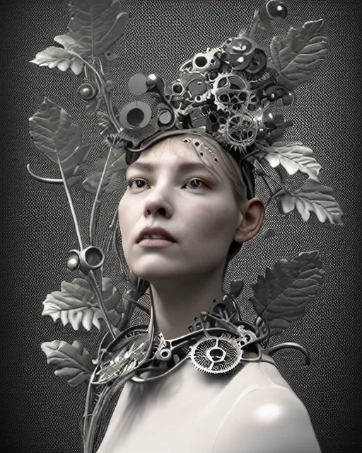 Image similar to monochrome 3 d model, 1 8 7 0 picture, silver mesh floral steampunk biomechanical beautiful young female cyborg with porcelain profile face and a techno eye, volumetric light, leaves foliage and stems, hibiscus flowers, sinuous fine roots, fine foliage lace, alexander mcqueen, rim light, big gothic fashion pearl embroidered collar, octane render, 8 k