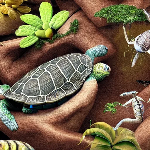 Image similar to highly detailed , photo realistic image , of a turtle , with many types of plant and insect life growing and riding on its shell