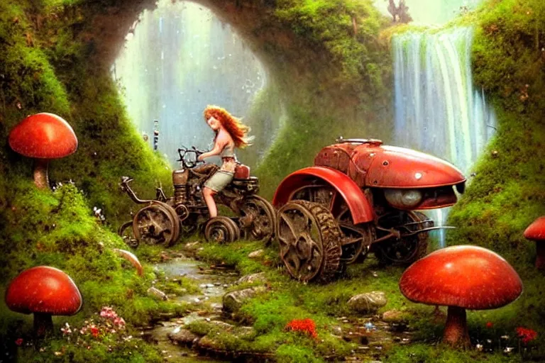 Prompt: adventurer ( ( ( ( ( 1 9 5 0 s retro future robot android mouse tractor in forrest of giant mushrooms, moss and flowers stone bridge waterfall. muted colors. ) ) ) ) ) by jean baptiste monge!!!!!!!!!!!!!!!!!!!!!!!!! chrome red