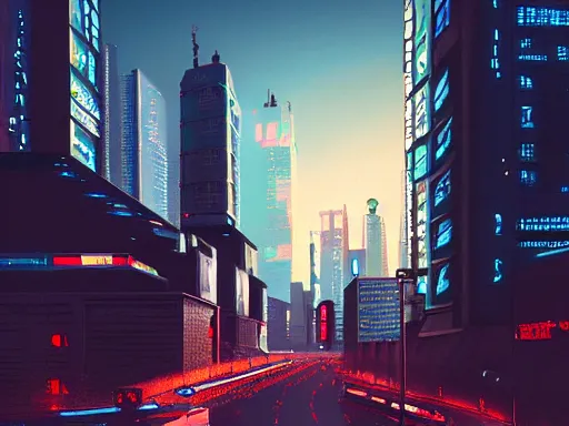 Image similar to a cinematic busy cyberpunk street in a mega city packed with flying vehicles, large mega corp buildings dominate the skyline at dusk by nick hiatt, unreal engine trending on artstation